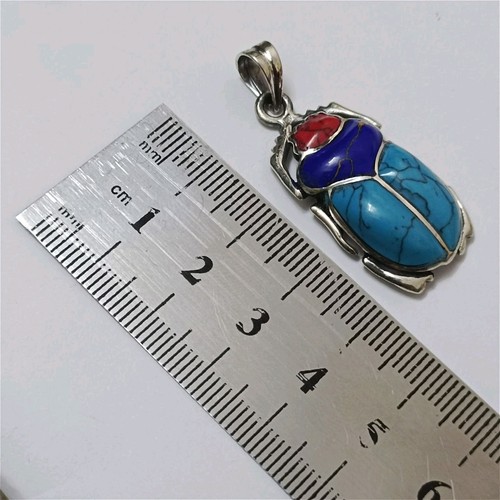925 Silver Scarab Pendant with Turquoise, Lapis & Coral – Handmade Jewelry - Picture 6 of 8