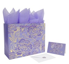 13" Large Rose Purple Gift Bag Set with Greeting Card and Tissue Paper for Women