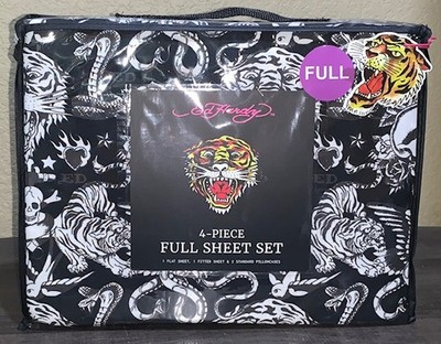 Ed Hardy Black w/White Tigers, Skulls, Cobras Tattoo Print 4pc FULL Sheet Set