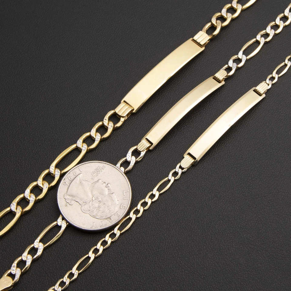 10K Yellow White Gold Diamond-Cut Figaro ID Bracelet All Sizes - Image 4 of 4