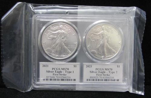 2021 SILVER EAGLE 2 COIN SET - Type 1 AND Type 2 - PCGS MS70 1st STRIKE