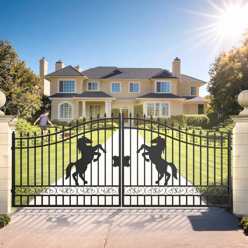 18X8FT Dual Swing Iron Gate with post for Driveway Anti-Rust Outdoor Gate