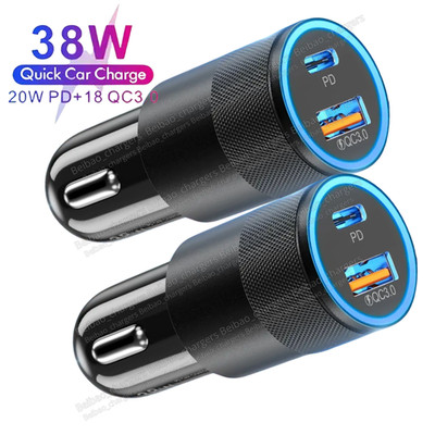 38W USB C Car Phone Fast Charger Adapter PD/QC 3.0 USB A Cigarette Lighter Plug