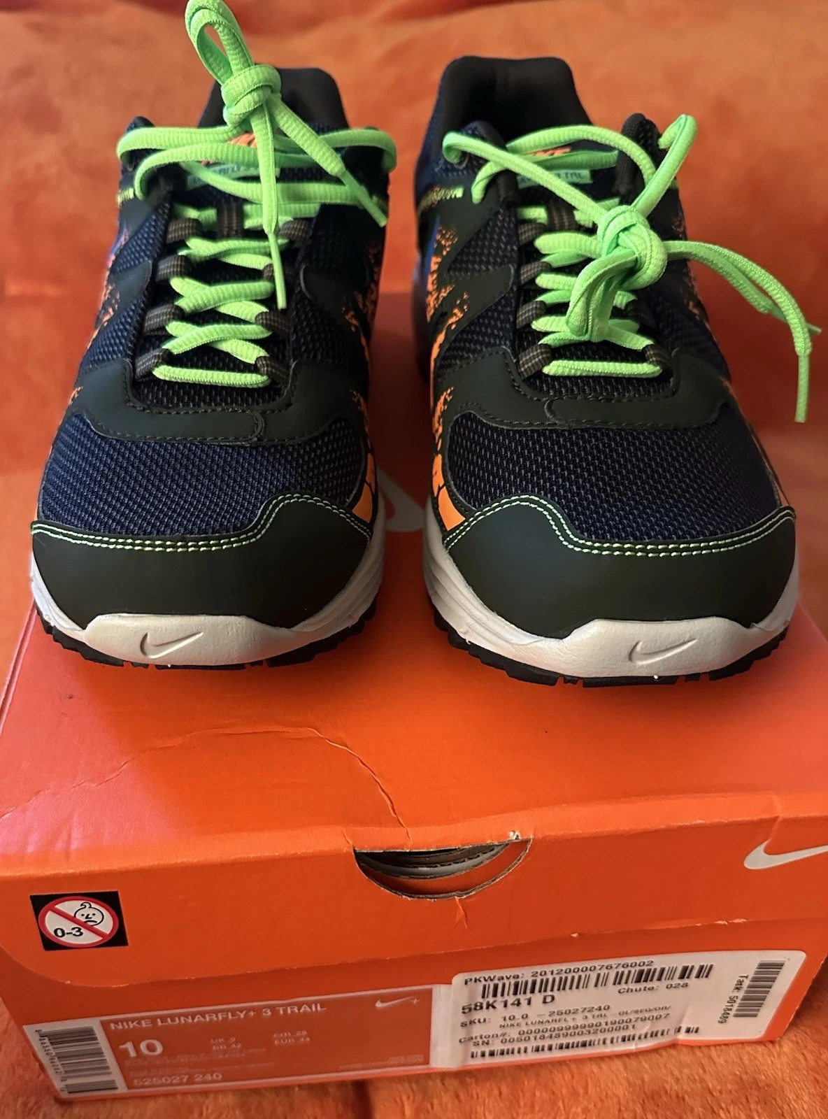 Nike Mens Lunarfly+ 3 Trail Light Midnight, Total Orange, and Electric Green.