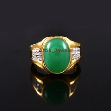 Natural Green Onyx Gemstone With Gold Plated 925 Sterling Silver Men's Ring #207