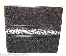 100% GENUINE BLACK STINGRAY SKIN BLACK COWHIDE LEATHER MEN'S BI-FOLD WALLET #4
