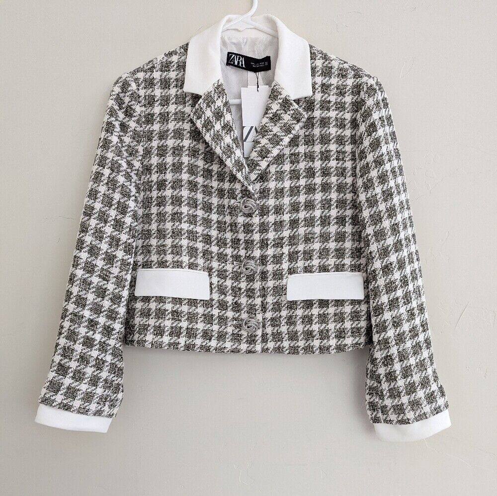 ZARA TEXTURED TWEED PLAID JACKET JEWEL BUTTON WHITE GRAY XS ZARA TEXTURED TWEED PLAID JACKET JEWEL BUTTON WHITE GRAY XS