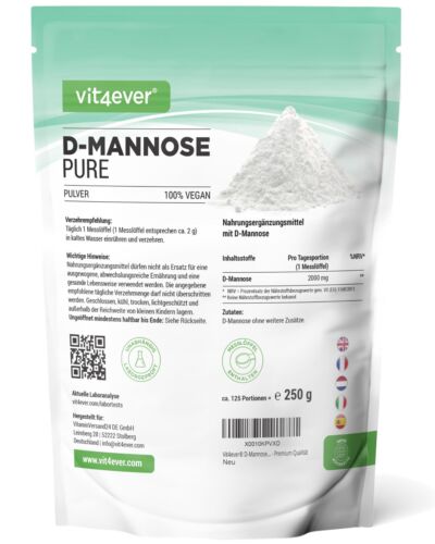 D-Mannose Pulver 250g - 100% rein / vegan & naturbelassen + Dosierlöffel Geprüft - Afbeelding 1 van 10