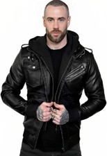 Men Genuine Black Hooded Bomber Leather Jacket Real Lambskin with Removable Hood