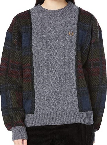 FRED PERRY TARTAN PANEL CABLE KNIT JUMPER K2119 GUNMETAL NEW WITH TAGS SIZE 12 - Picture 1 of 7