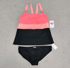 Nike Women's 2-Piece V-Back Tankini Swimsuit Black  Coral Multi Sz NESSB393-631