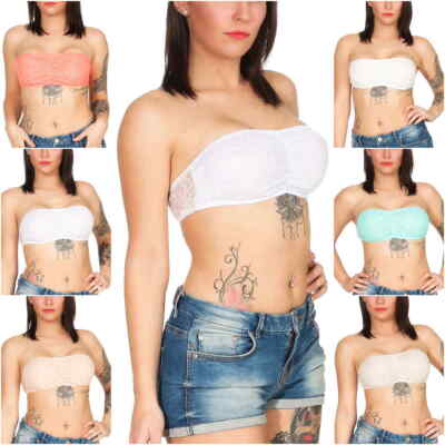 Damen Bandeau Top trägerlos Netz Spitze transparent Stretch sexy 65-75 A-C