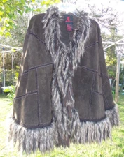 ADRIENNE LANDAU BROWN GENUINE LEATHER FAUX FUR FRINGE WRAP CAPE SZ MISSY PETITE