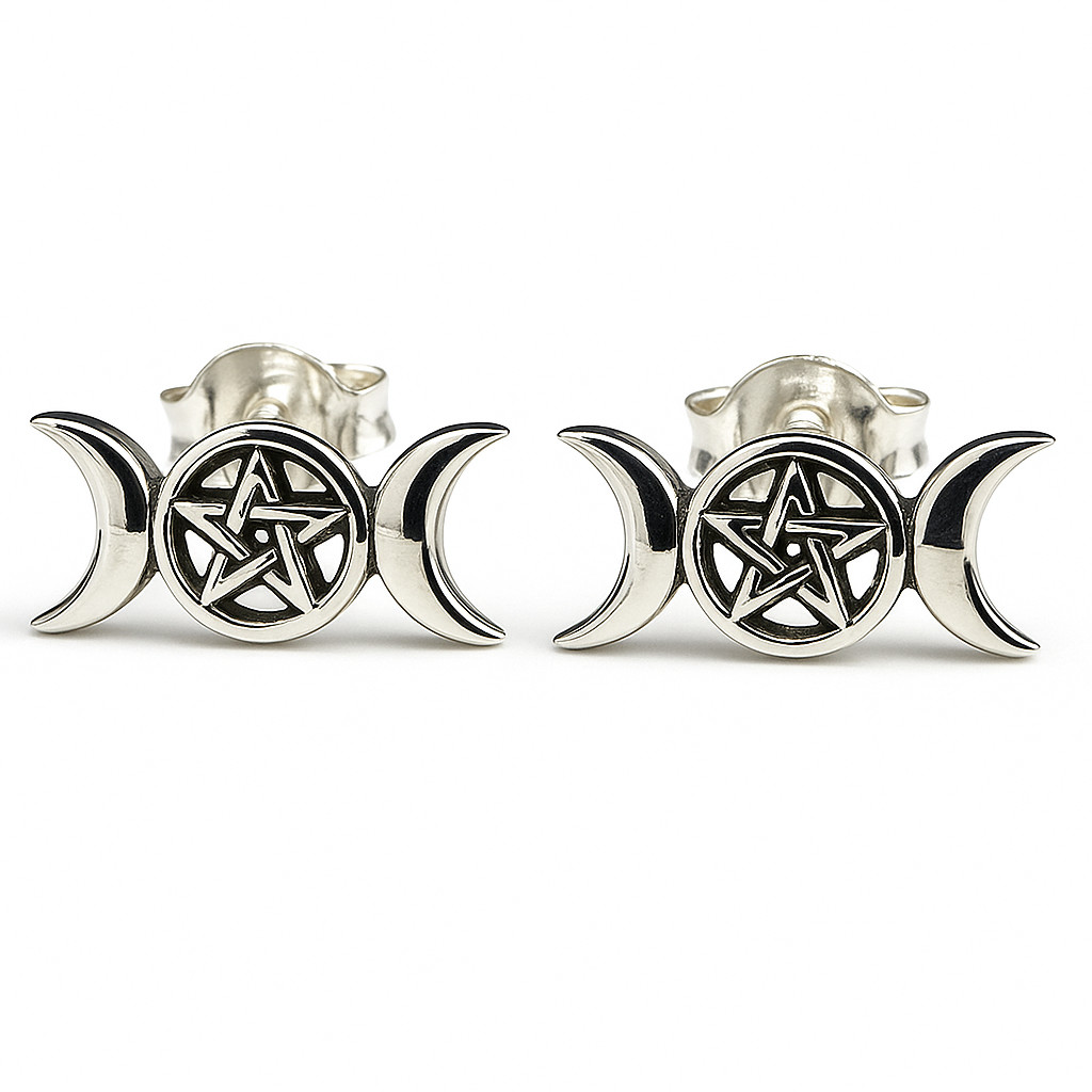 Triple Moon Pentacle Stud Earrings 925 Sterling Silver Paganism Jewellery Boxed