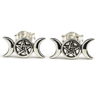 Triple Moon Pentacle Ohrstecker 925 Sterling Silber Heidentum Schmuckbox