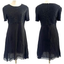 Vintage Talbots 100% Silk Black Beaded Chest Fit Flare Mini Dress Womens sz 10