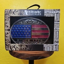 NIB! Montana Silversmiths Attitude American Flag Since 1776 Western Belt Buckle