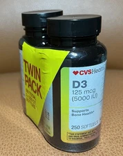 2 Pack CVS Health D3 Vitamins 5000 IU 125mcg 250 Ea x2=500 Softgels 1/26