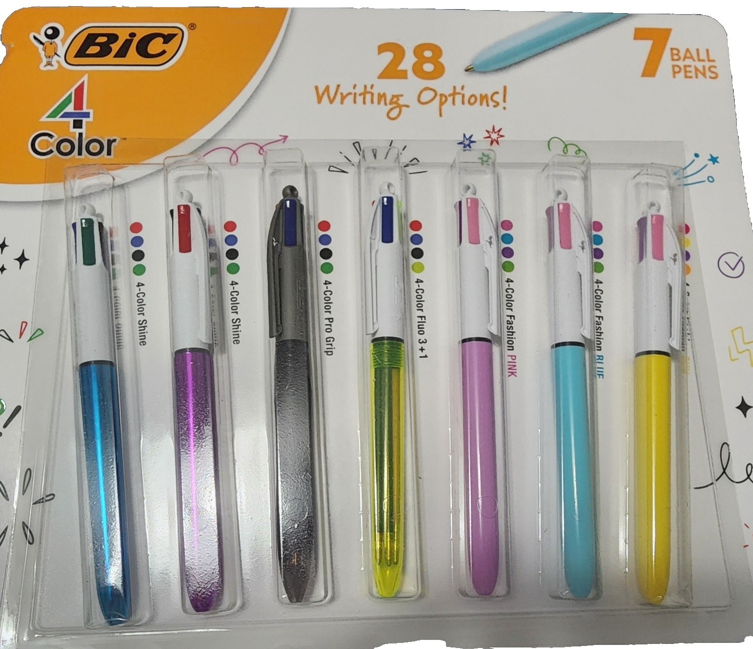 NEW! BIC 4-Color 7 pack 28 writing options Pens Fluo  SEE PI