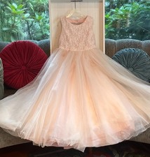 DAVID'S BRIDAL Flower Girl Lace Dress FULL TULLE SKIRT Whisper Pink Youth 10