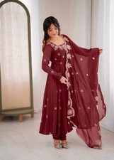 Indian Party Look Crunchy Silk Maroon Gown Bottom With Dupatta For Women Wear
