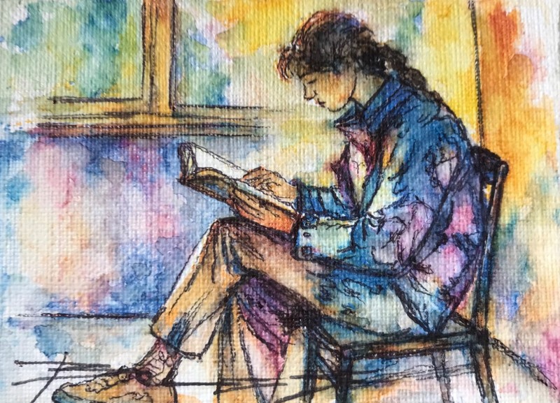 ORIGINAL  Painted Pen and Watercolor (ACEO) A Good Book