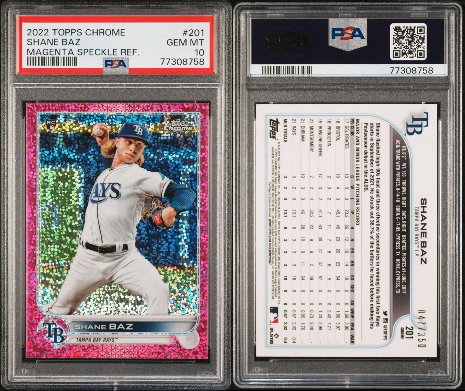Shane Baz Topps Chrome Magenta Speckle Refractor Rookie /350 #201 PSA 10 view 3