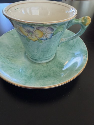 #ad Vintage James Kent Ltd. Longton England Light Green blue cup w:saucer pansy $15.00