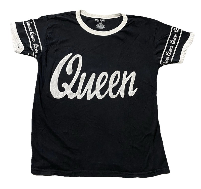 On Fire Queen Print Womens Black & White Short Sleeve Ringer T Shirt 1X