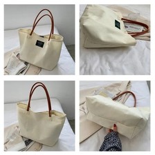 Beige Canvas Shoulder Tote – Large Capacity Reusable Bag for Work Travel & Beach