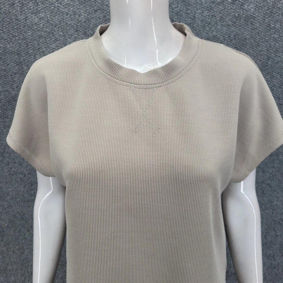 Camisa Danskin Mujer Todos los Días Elegante Acanalada Top Talla Pequeña Beige Mangas Cortas Foto 4 de 4