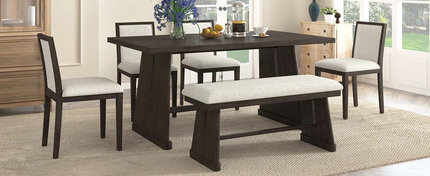 TREXM 6-Piece Rustic Farmhouse Dining Table Set with Wire Brushed Design, Rectangular Dining Table with Trapezoid Legs, 4 Upholstered Linen Chairs & 1 Padded Bench for Dining Room & Kitchen (Espresso)