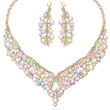 Elegant Austrian Crystal V-Shaped Statement Necklace Earrings Set Bridal Wedd...