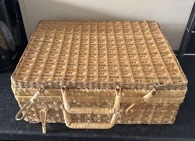 Vintage Weidenkorb geflochten Koffer Aktentasche Deckel Griffe Aufbewahrung 41 x 31 x 15