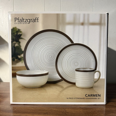 Pfaltzgraff Carmen 16pc Stoneware Dinnerware Set, White Brown, Microwave Safe