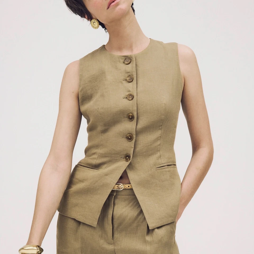 ¡¡NUEVO CON ETIQUETAS!! J. CREW Chaleco Corte Top Lino Botones Polvoriento Fatiga Marrón Talla 14 Foto 4 de 4