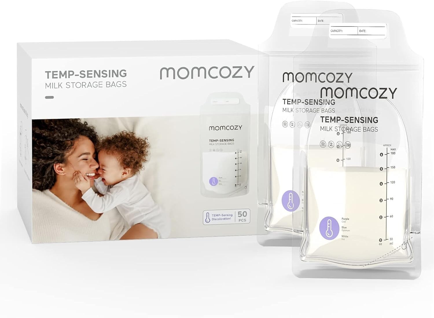 50 Breastmilk Storage Bags with Temp-Sensing Discoloration 6oz Self Standing