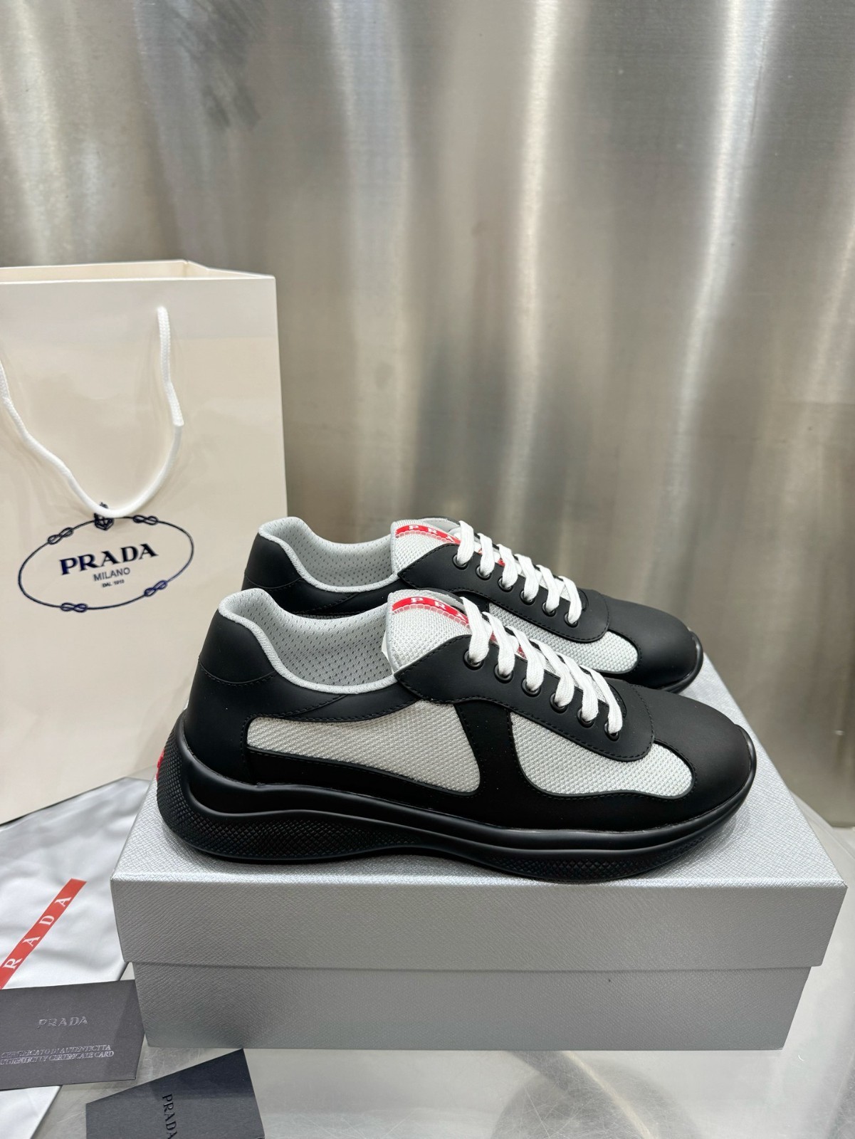 Prada America's Cup Trainers Black Grey Mesh Leather Men's Casual Shoes