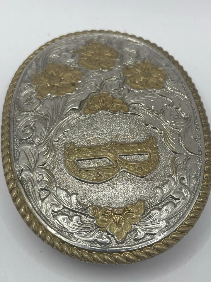VTG  Crumrine Western Belt Buckle Monogram Letter B Silver Gold  Belt Buckle - Image 2 of 4