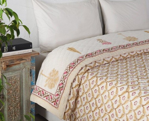 Indian Block Print Quilt Jaipuri Razai Pure Cotton Quilted Bedspread - Picture 5 of 5