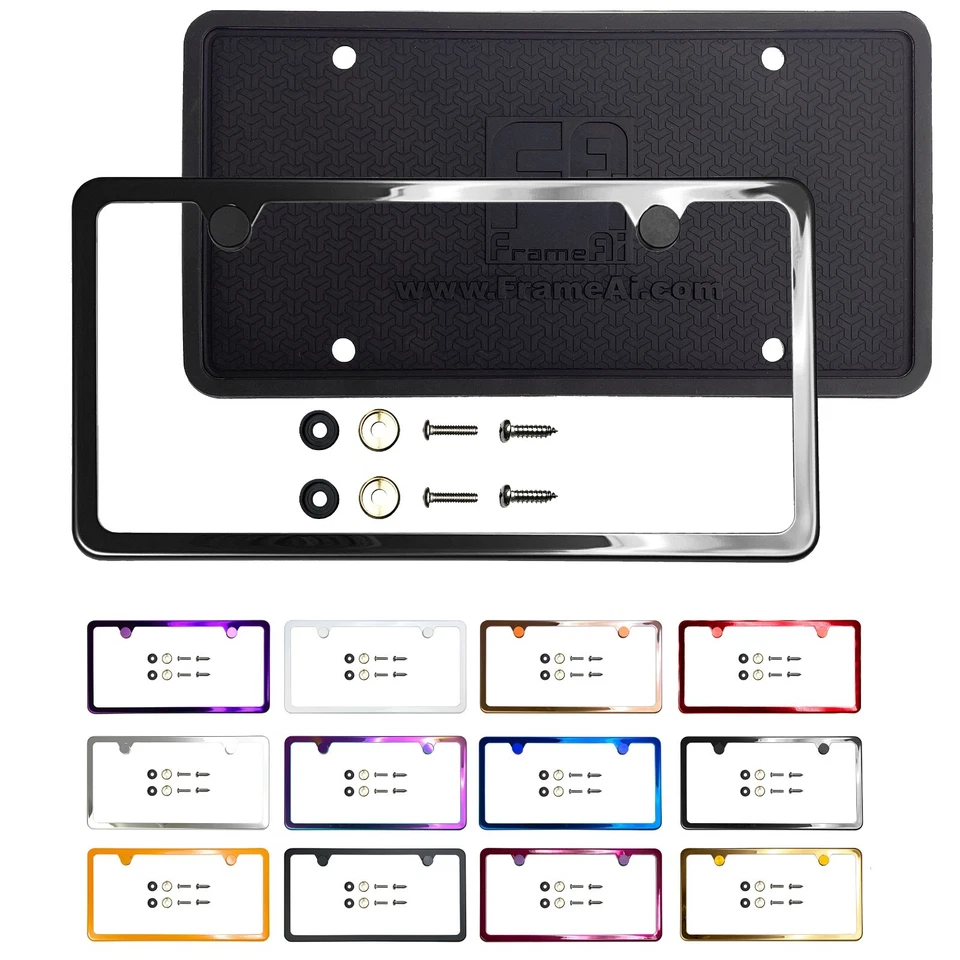 2H Slim Stainless Steel License Plate Frame Metal Screw Cap & Silicone Backguard - Image 2 of 4