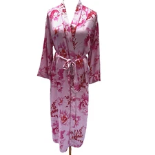Natori Full Length Robe L Satin Loungewear Pink Red Floral Belted Pockets Vtg