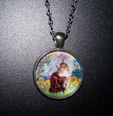 SUNFLOWER CAT SUN BIRD cabochon charm necklace 925 Sterling Silver plated chain 