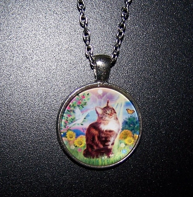 SUNFLOWER CAT SUN BIRD cabochon charm necklace 925