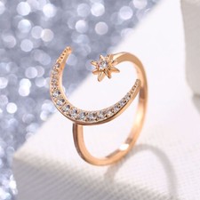 Fashion Jewelry Women's Adjustable Crescent Moon & Star Ring Gold TK15-4
