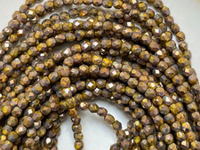 Czech Fire Polished 4mm round faceted glass beads- Opaque Yellow Bronze Picasso
