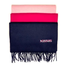MISSONI Womens Wool Fringe Scarf Pink Logo Navy Blue Gray Fuchsia
