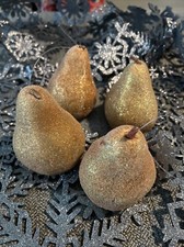 VTG 4 LifeSized 4  X3  Beaded/Sugared Golden Pears As Tree Ornament Or Home Deco