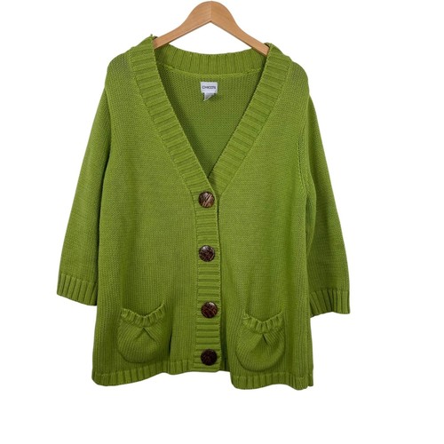 Chicos Size 3/XL Green Knit Cotton Cardigan Wooden Button Closure
