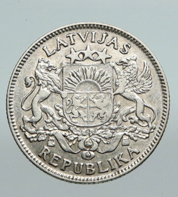 1924 LATVIA Lions & Shield ANTIQUE Vintage OLD Silver European Lats Coin i91288